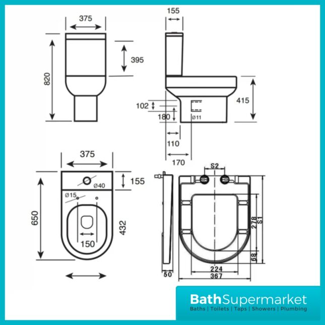 Kartell Bijoux 4 Piece Bathroom Suite – Rimless WC Toilet With Soft Close Seat, 550mm Basin & Full Pedestal