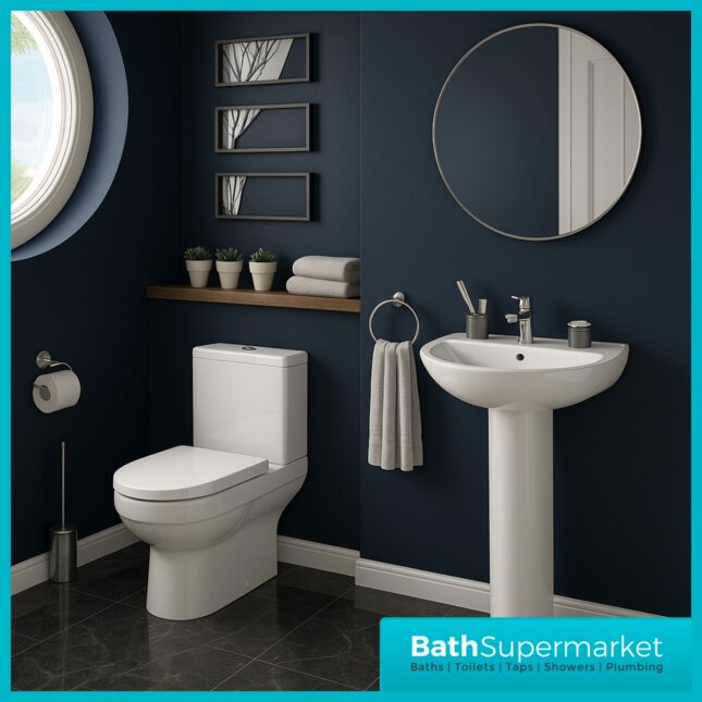 Kartell Bijoux 4 Piece Bathroom Suite – Rimless WC Toilet With Soft Close Seat, 550mm Basin & Full Pedestal
