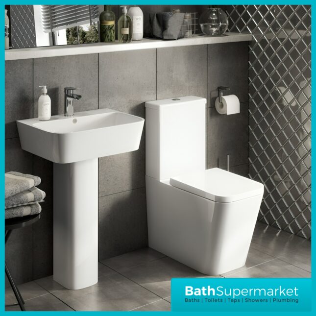 Kartell Genoa 4 Piece Bathroom Suite – Rimless WC Toilet With Soft Close Seat, 550mm Basin & Full Pedestal
