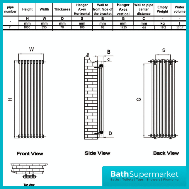 HEATWICK Heritage White Vertical Column 2 Radiator - 1800mm High - 245mm, 335mm & 425mm Widths