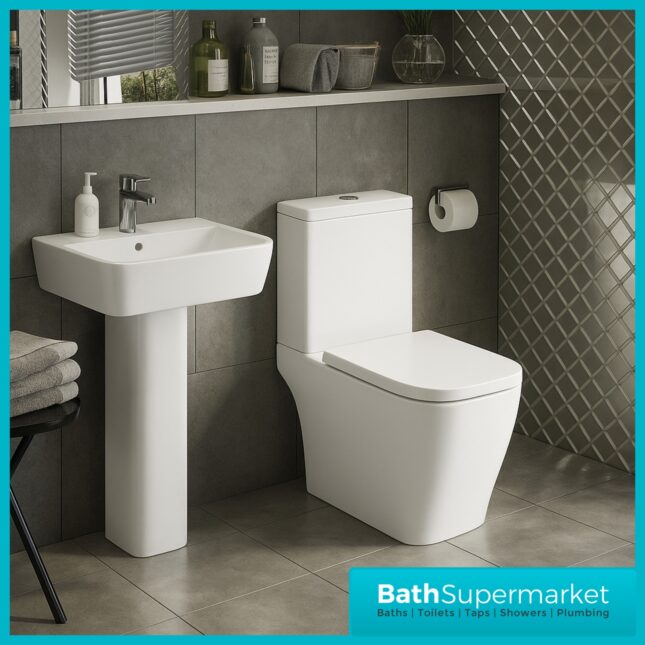 Kartell Genoa Square 4 Piece Bathroom Suite – Rimless WC Toilet With Soft Close Seat, 550mm Basin & Full Pedestal