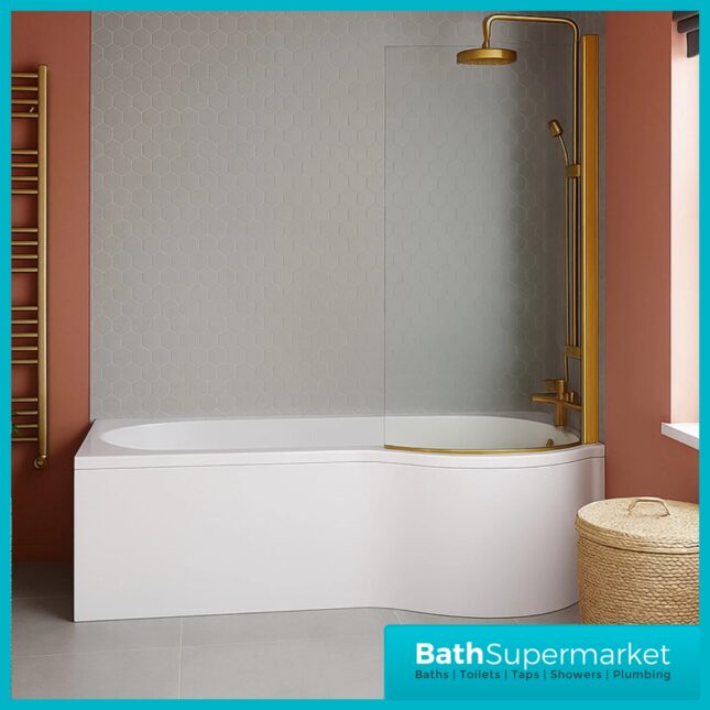 P Shape 1700mm Bath Front Panel With Brushed Brass Frame Glass Screen – Left Or Right Hand