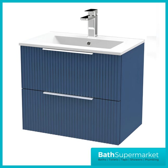 Modern Fluted Satin Blue 600mm Wall Hung 2 Drawer Vanity Unit With Basin