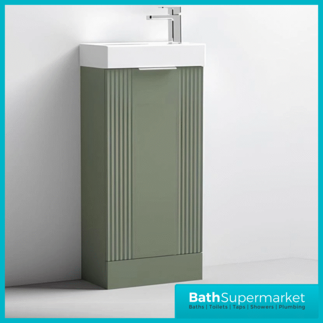 Modern Fluted Satin Green Compact Cloakroom Floorstanding Vanity Unit With Basin – 400mm