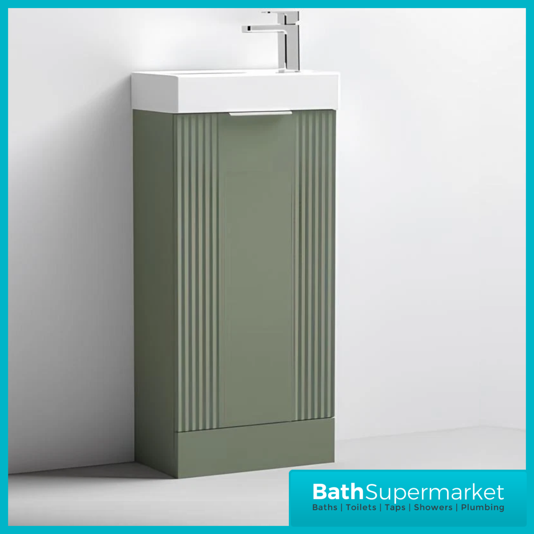 Modern Fluted Satin Green Compact Cloakroom Floorstanding Vanity Unit With Basin – 400mm