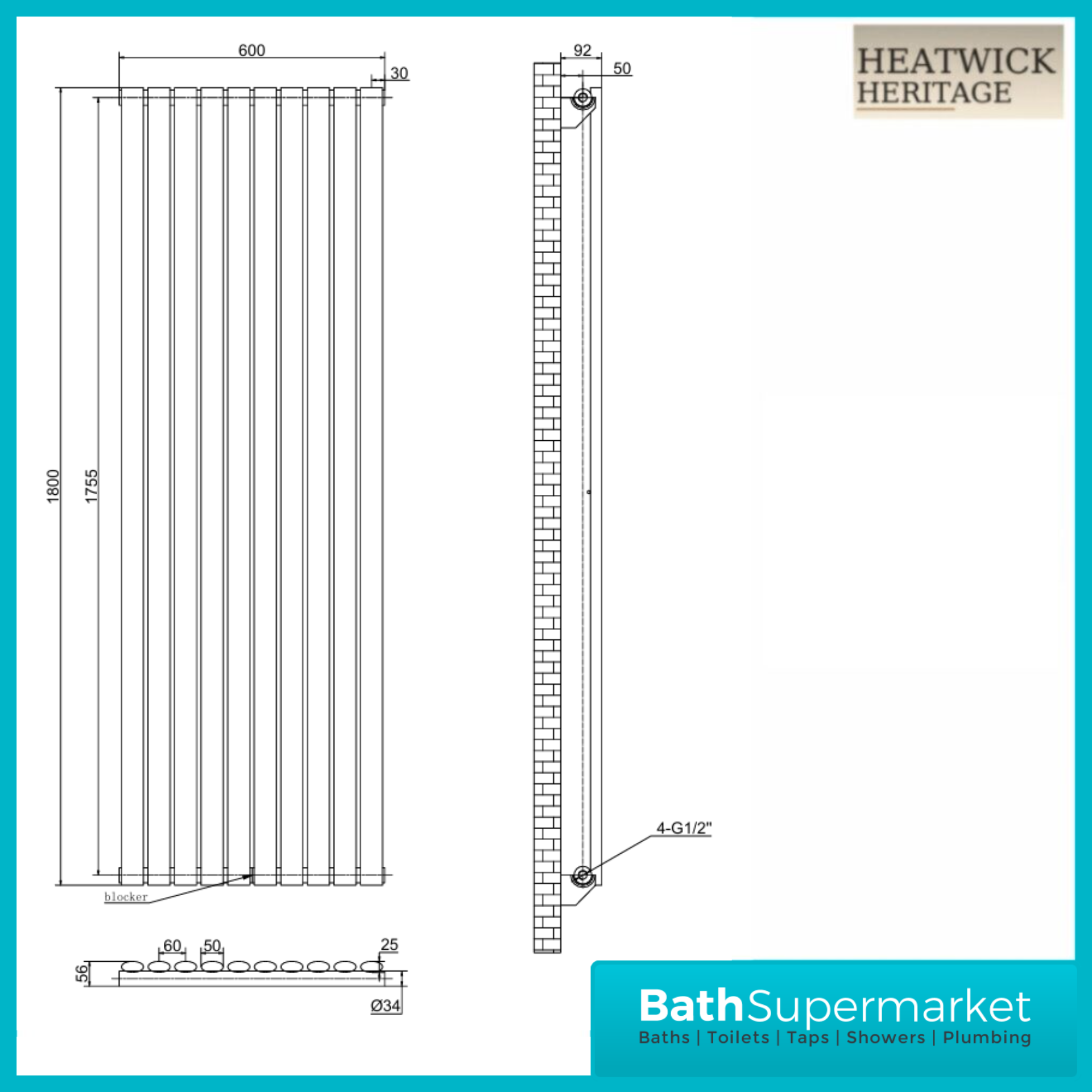 HEATWICK Columnar White Single Vertical Radiator – 1800mm High – 420mm, 540mm & 600mm Widths