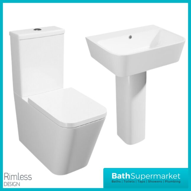 Kartell Genoa 4 Piece Bathroom Suite – Rimless WC Toilet With Soft Close Seat, 550mm Basin & Full Pedestal