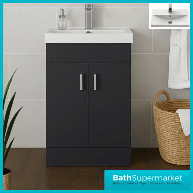 Eden Satin Black Floor Standing 2 Drawer Vanity Unit With Basin 550mm