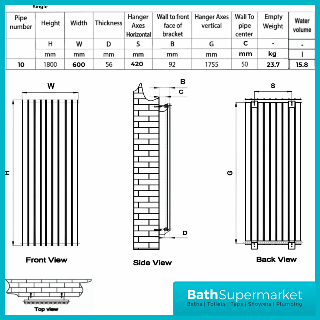 HEATWICK Columnar Anthracite Single Vertical Radiator – 1800mm High – 420mm, 540mm & 600mm Widths