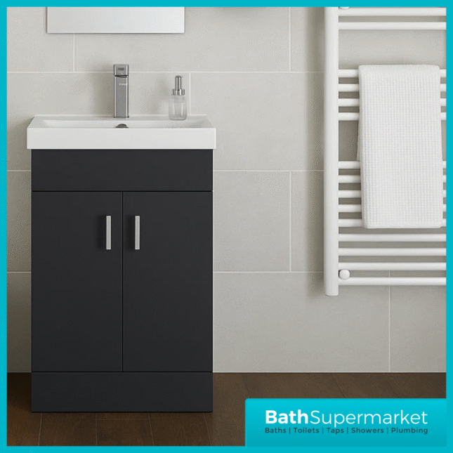 Eden Satin Black Floor Standing 2 Drawer Vanity Unit With Basin 550mm