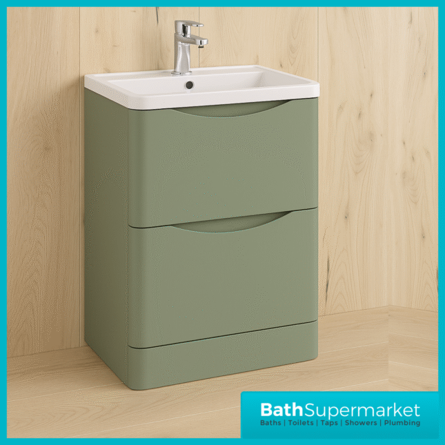 Niko Satin Green 600mm Floor Standing 2 Drawer Vanity Unit With Basin