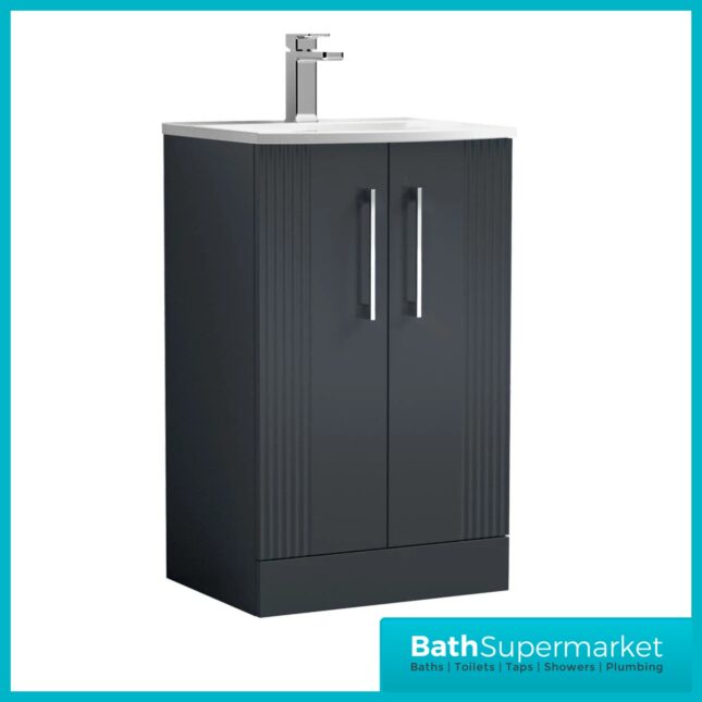 Modern Fluted Satin Black 500mm Floorstanding Vanity Unit With Basin & 500mm WC Toilet Unit Set