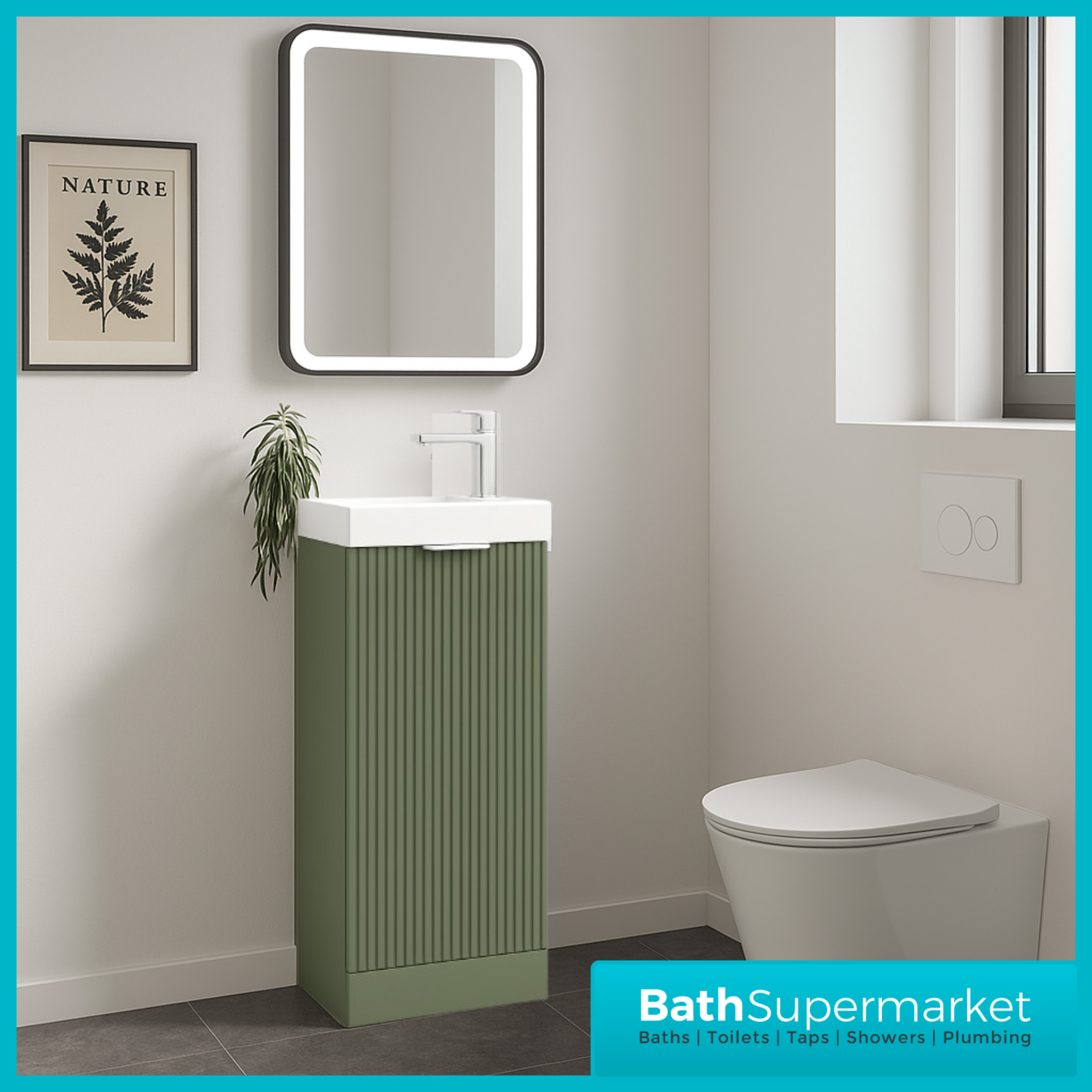 Modern Fluted Satin Green Compact Cloakroom Floorstanding Vanity Unit With Basin – 400mm