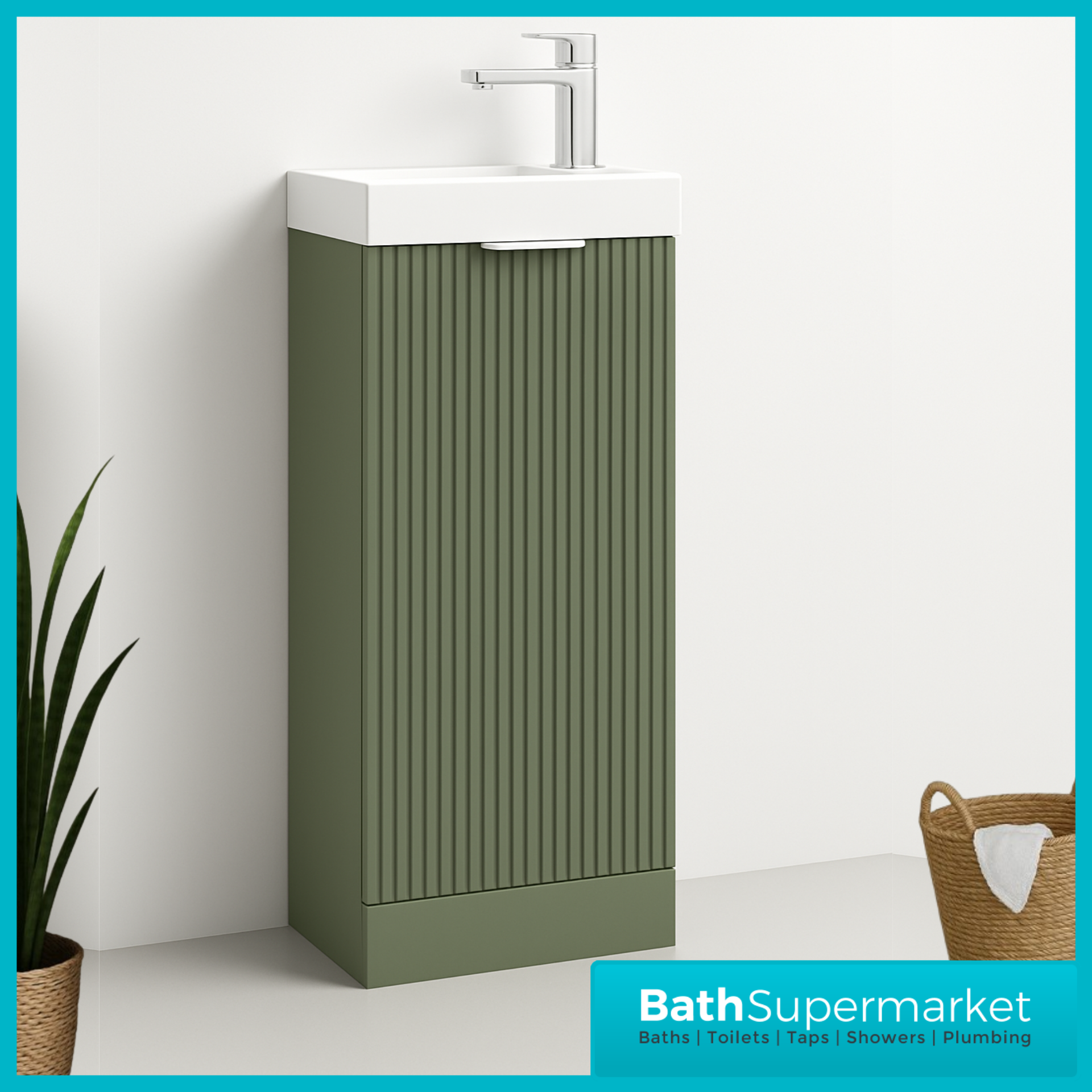 Modern Fluted Satin Green Compact Cloakroom Floorstanding Vanity Unit With Basin – 400mm
