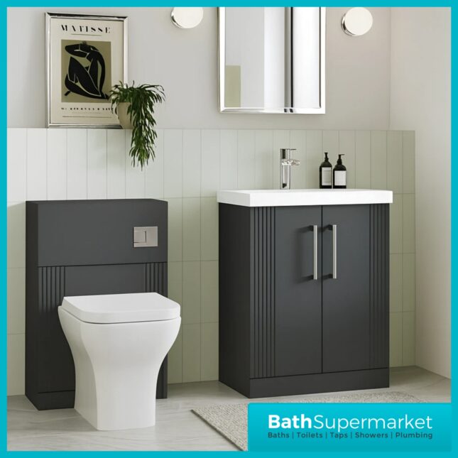 Modern Fluted Satin Black 500mm Floorstanding Vanity Unit With Basin & 500mm WC Toilet Unit Set
