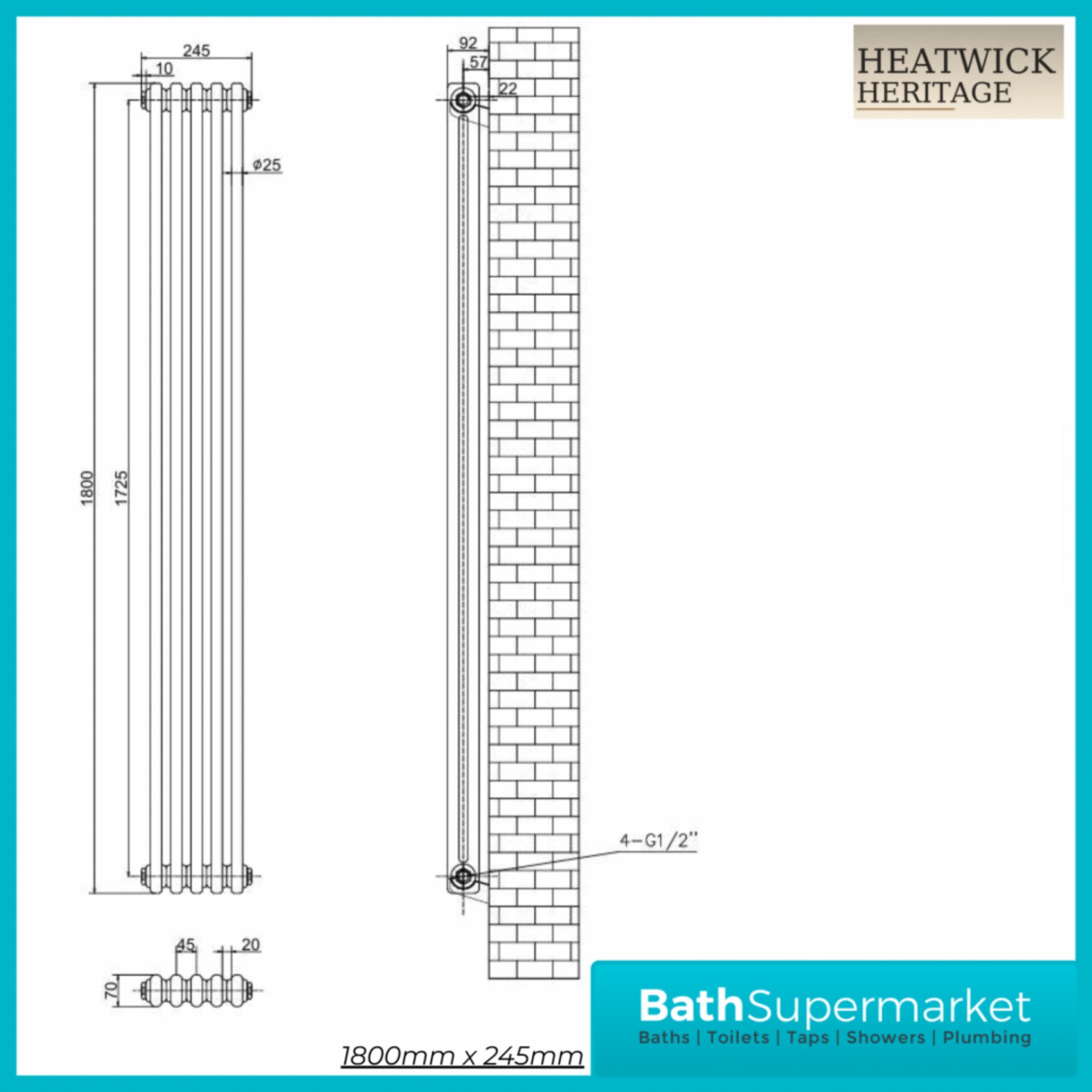 HEATWICK Heritage White Vertical Column 2 Radiator – 1800mm High – 245mm, 335mm & 425mm Widths