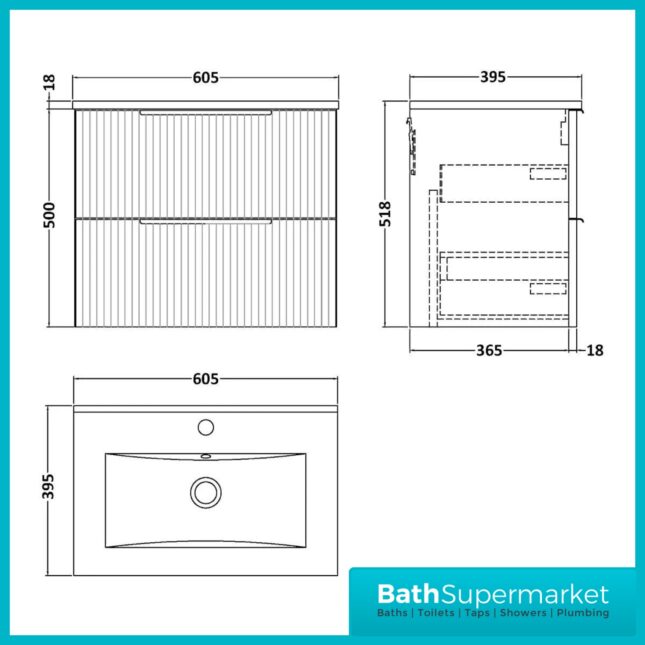 Modern Fluted Satin Blue 600mm Wall Hung 2 Drawer Vanity Unit With Basin