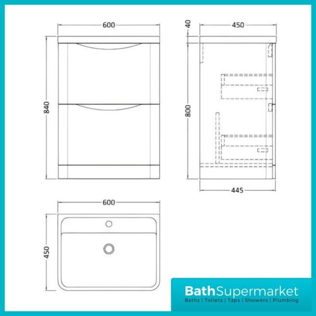 Modern Satin Green 600mm Floor Standing 2 Drawer Vanity Unit With Basin