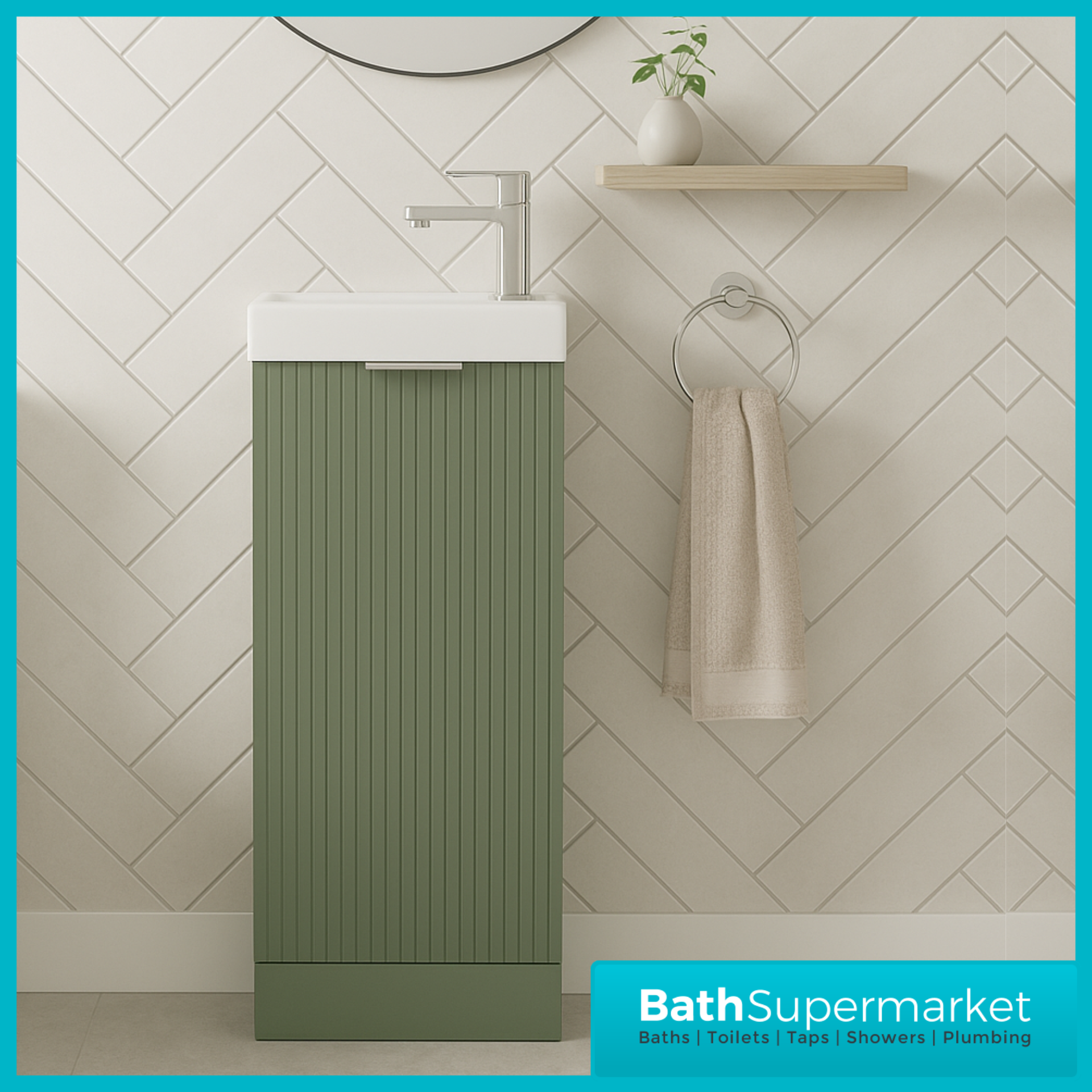 Modern Fluted Satin Green Compact Cloakroom Floorstanding Vanity Unit With Basin – 400mm