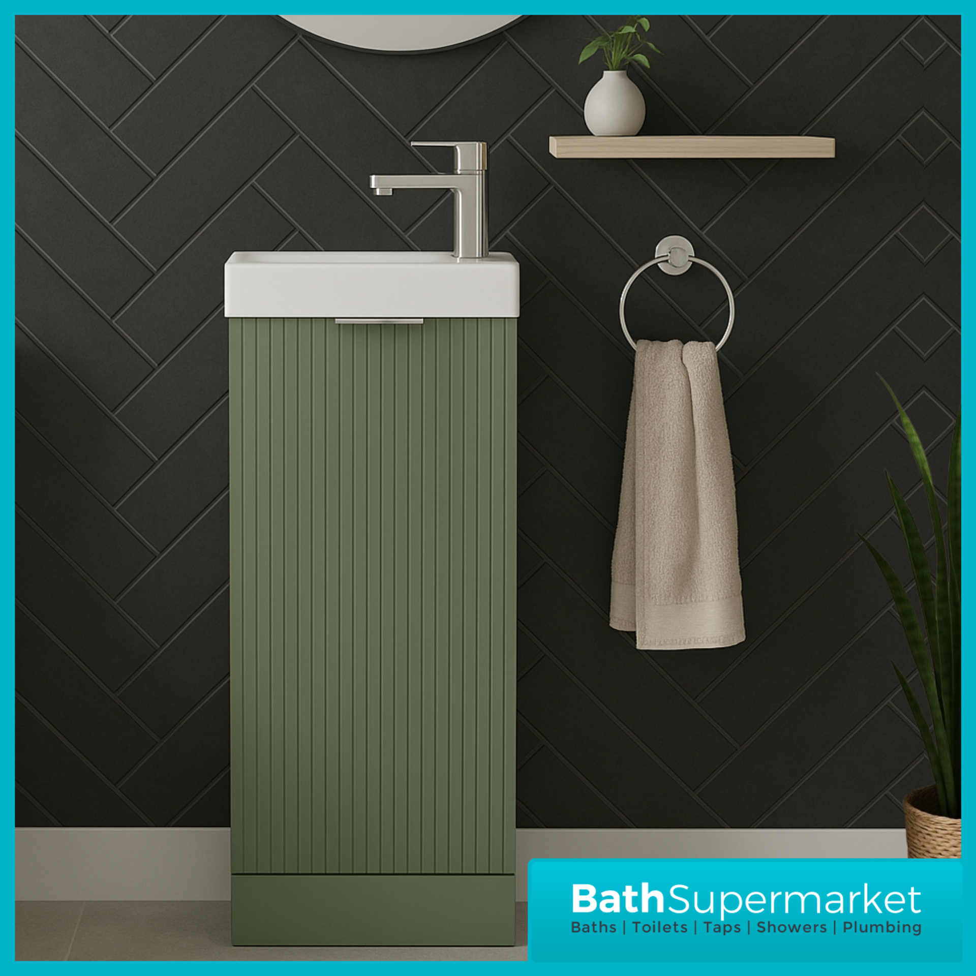 Modern Fluted Satin Green Compact Cloakroom Floorstanding Vanity Unit With Basin – 400mm