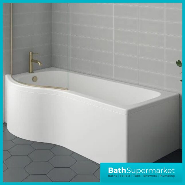 P Shape 1700mm Bath Front Panel With Brushed Brass Frame Glass Screen – Left Or Right Hand
