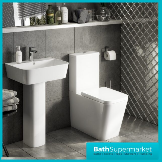Kartell Genoa Square 4 Piece Bathroom Suite – Rimless WC Toilet With Soft Close Seat, 550mm Basin & Full Pedestal