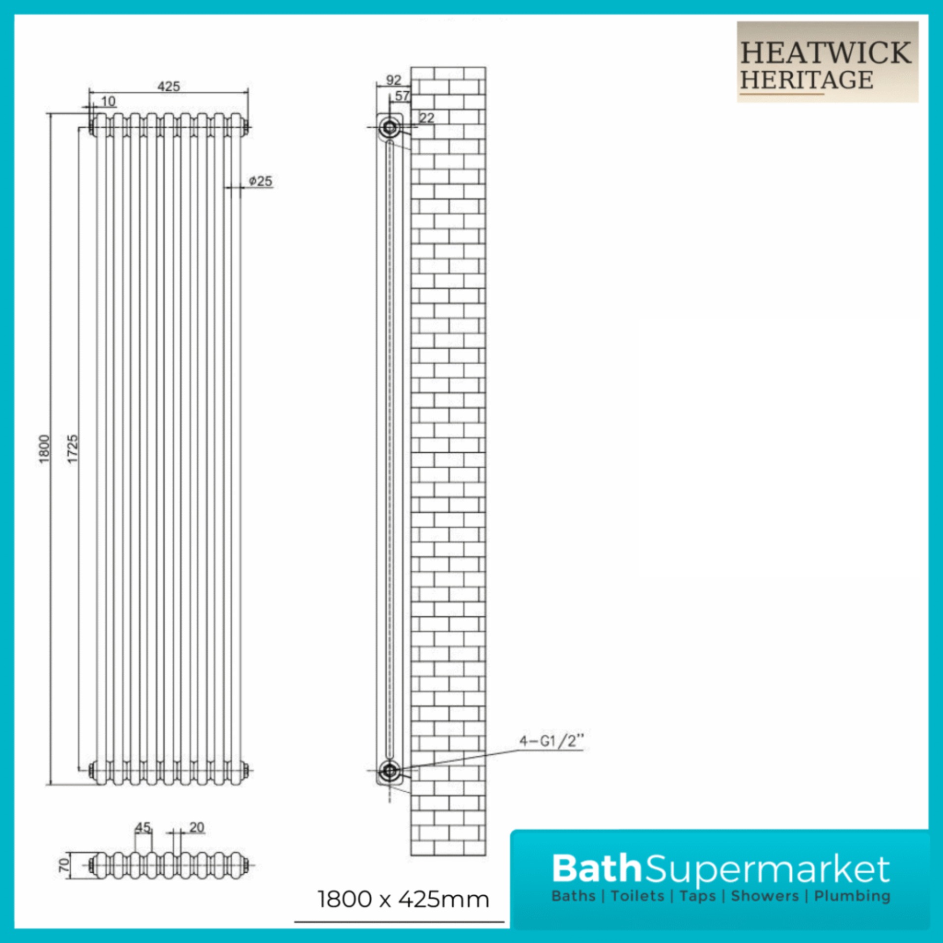 HEATWICK Heritage White Vertical Column 2 Radiator – 1800mm High – 245mm, 335mm & 425mm Widths