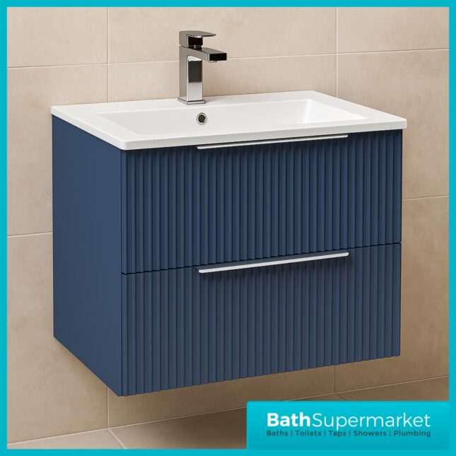 Modern Fluted Satin Blue 600mm Wall Hung 2 Drawer Vanity Unit With Basin