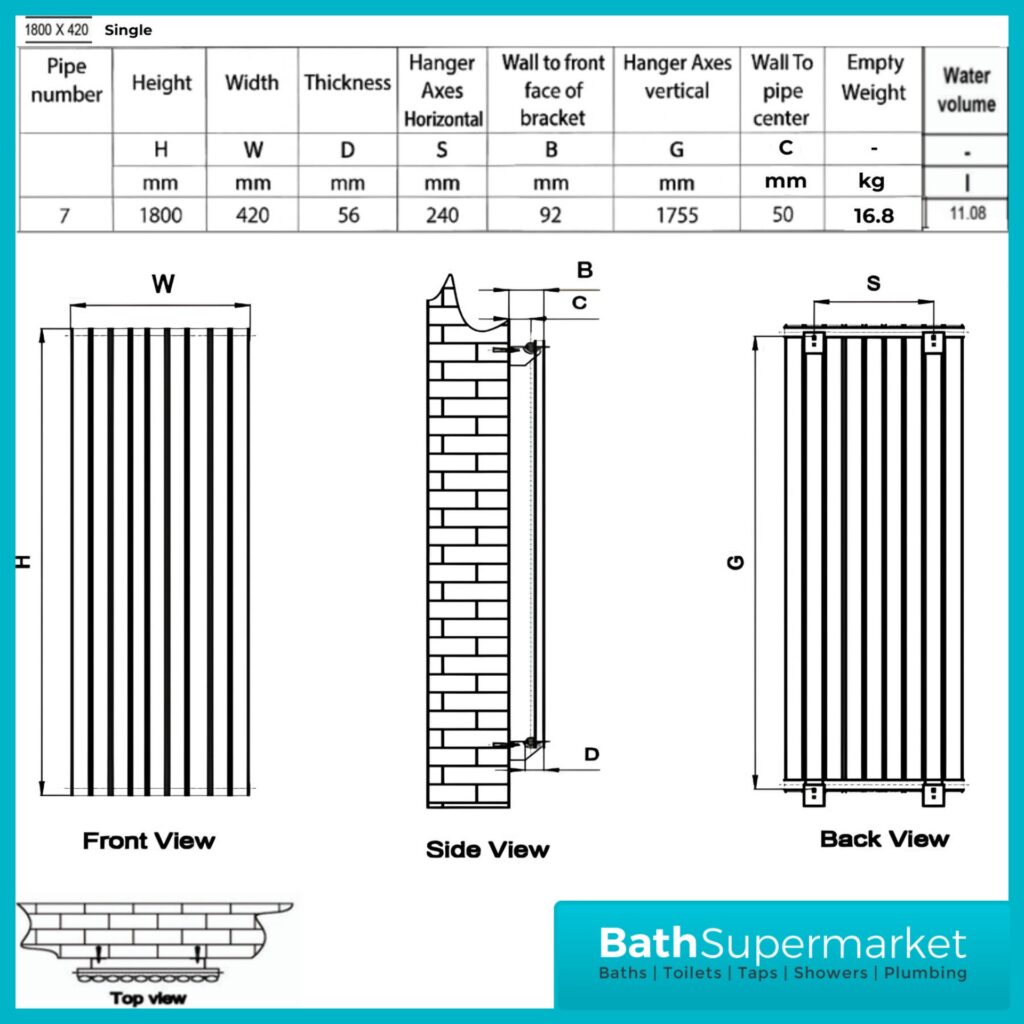 HEATWICK Columnar Anthracite Single Vertical Radiator – 1800mm High – 420mm, 540mm & 600mm Widths