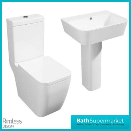 Kartell Genoa Square 4 Piece Bathroom Suite – Rimless WC Toilet With Soft Close Seat, 550mm Basin & Full Pedestal