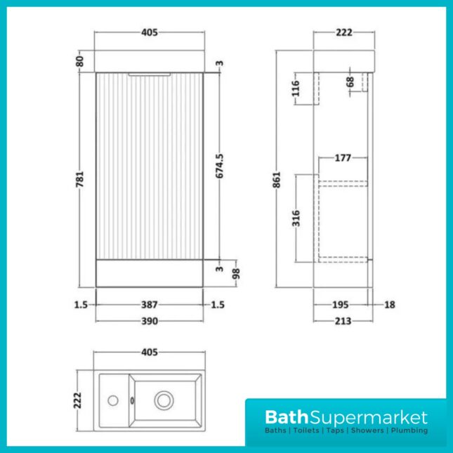 Niko Fluted Satin Green Compact Cloakroom Floorstanding Vanity Unit With Basin – 400mm