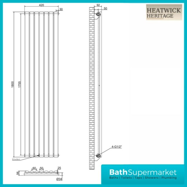 HEATWICK Columnar Anthracite Single Vertical Radiator – 1800mm High – 420mm, 540mm & 600mm Widths