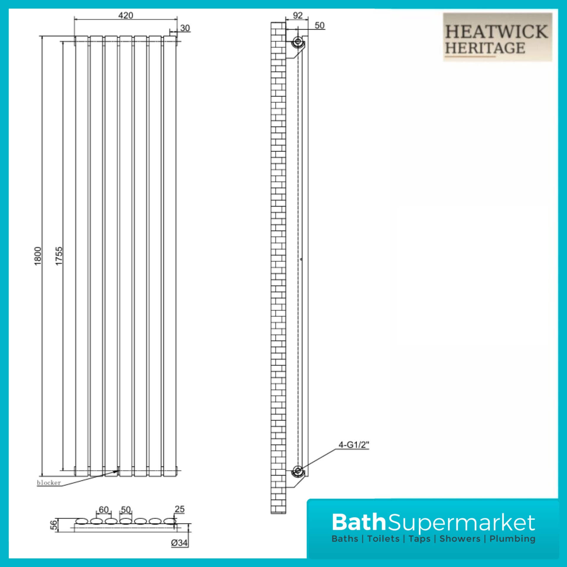 HEATWICK Columnar White Single Vertical Radiator – 1800mm High – 420mm, 540mm & 600mm Widths