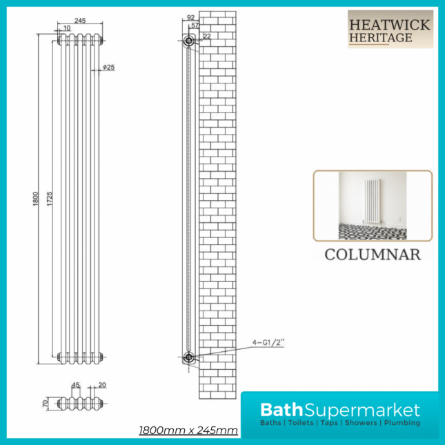 HEATWICK Heritage White Vertical Column 2 Radiator - 1800mm High - 245mm, 335mm & 425mm Widths - Image 3