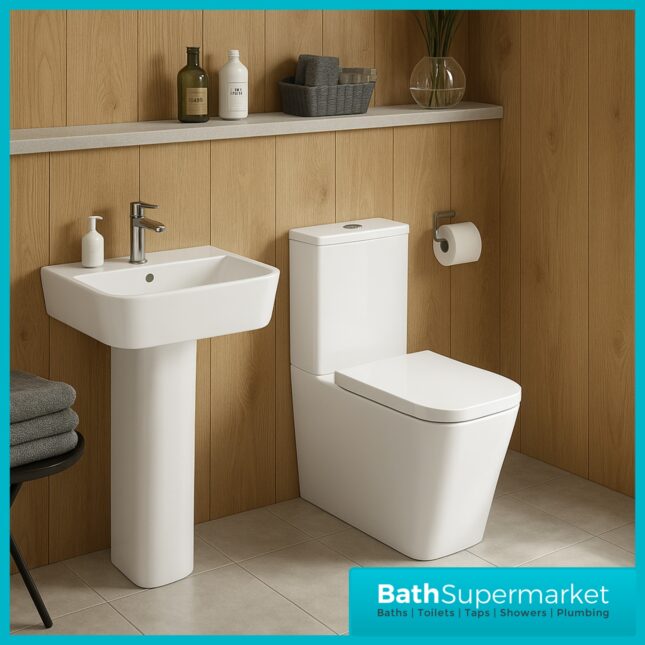 Kartell Genoa Square 4 Piece Bathroom Suite – Rimless WC Toilet With Soft Close Seat, 550mm Basin & Full Pedestal