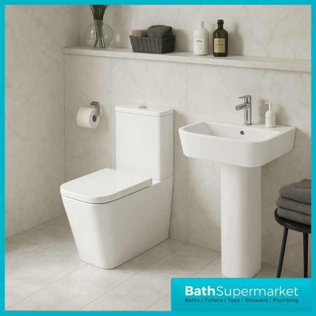 Kartell Genoa Square 4 Piece Bathroom Suite – Rimless WC Toilet With Soft Close Seat, 550mm Basin & Full Pedestal
