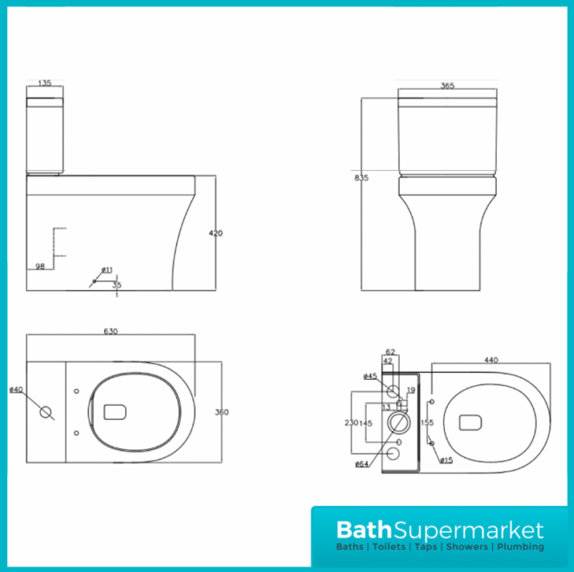 Kartell Ozone Rimless Back To Wall Close Coupled Open Back WC Toilet With Soft Close Seat