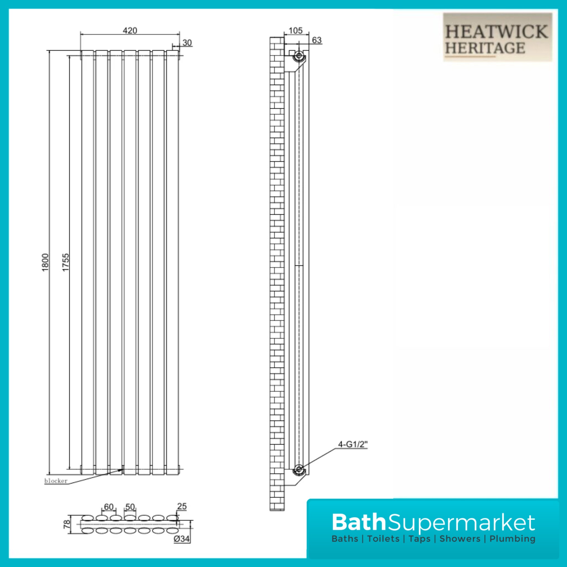 HEATWICK Columnar Anthracite Double Vertical Radiator – 1800mm High – 420mm, 540mm & 600mm Widths