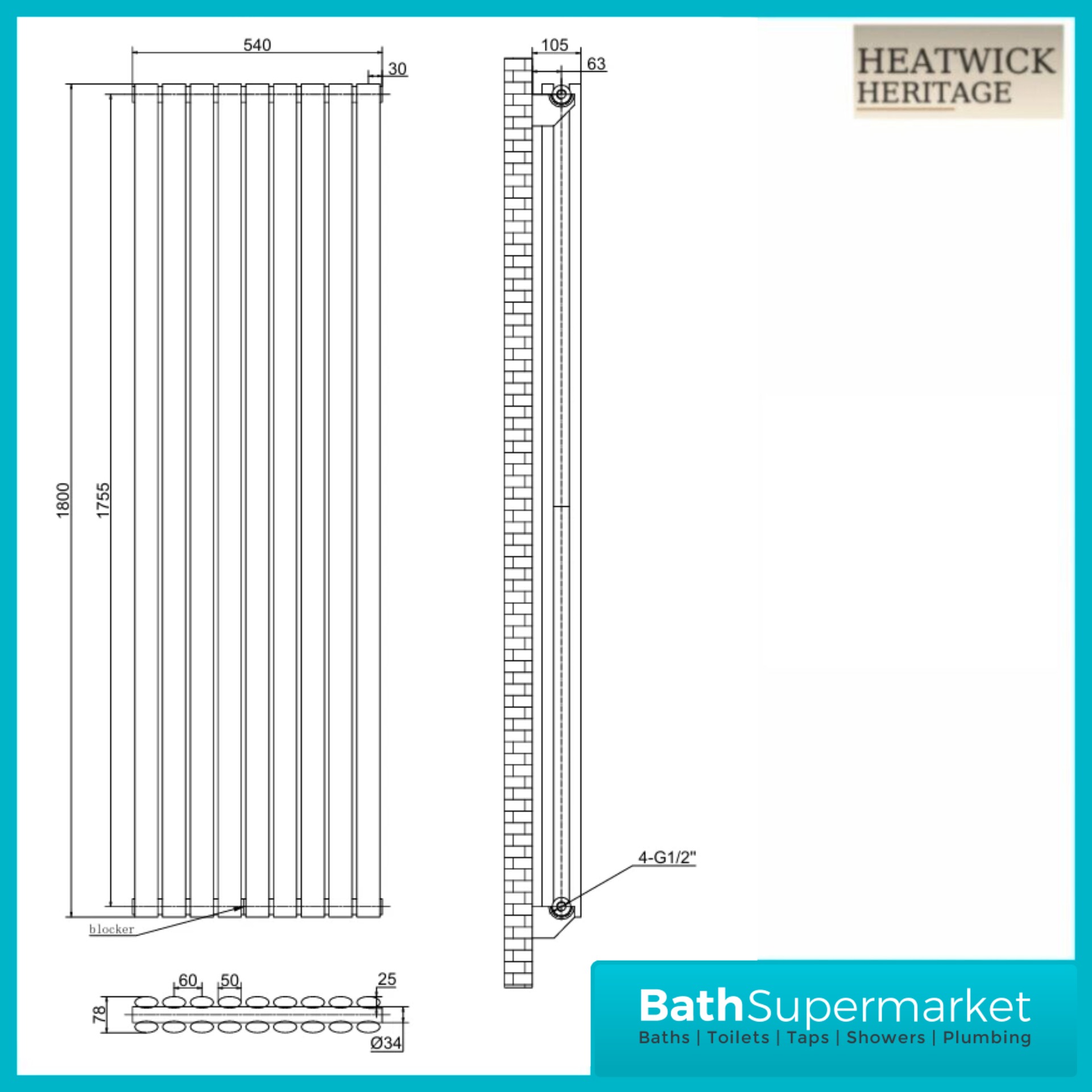 HEATWICK Columnar Anthracite Double Vertical Radiator – 1800mm High – 420mm, 540mm & 600mm Widths