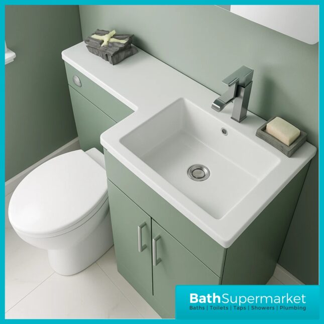 Modern L Series Satin Green Combination L Shape LH /RH Vanity Unit Furniture Pack – 1070mm