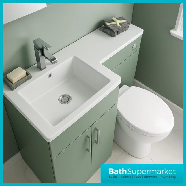 Modern L Series Satin Green Combination L Shape LH /RH Vanity Unit Furniture Pack – 1070mm