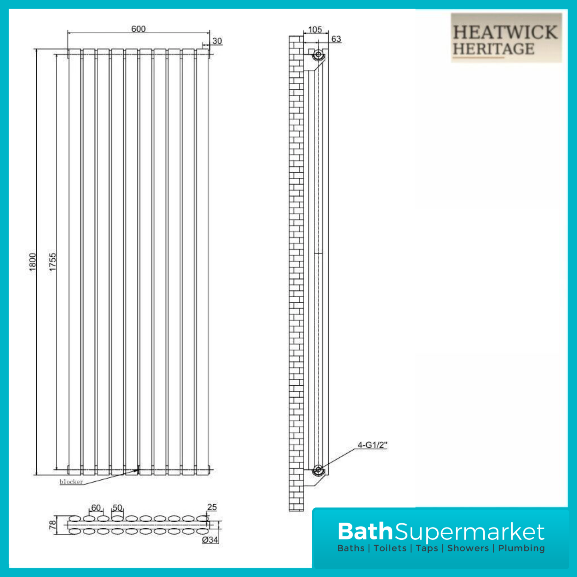 HEATWICK Columnar Anthracite Double Vertical Radiator – 1800mm High – 420mm, 540mm & 600mm Widths