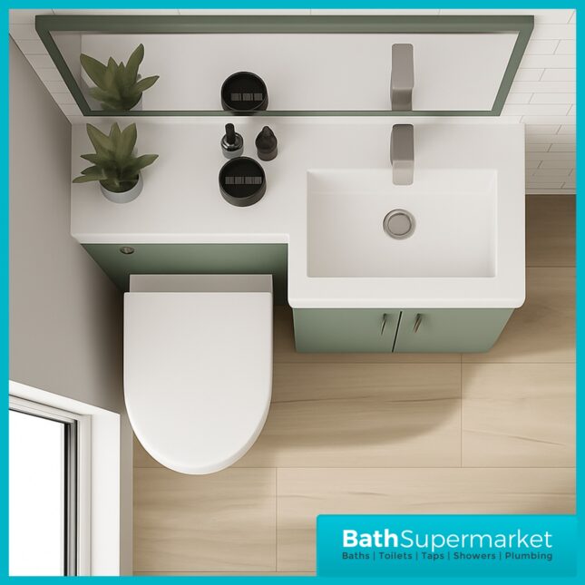 Modern L Series Satin Green Combination L Shape LH /RH Vanity Unit Furniture Pack – 1070mm