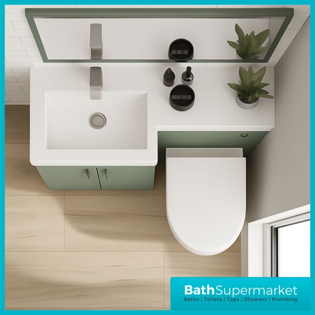 Modern L Series Satin Green Combination L Shape LH /RH Vanity Unit Furniture Pack – 1070mm