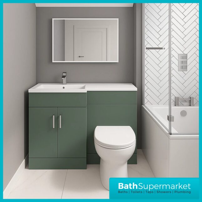 Modern L Series Satin Green Combination L Shape LH /RH Vanity Unit Furniture Pack – 1070mm