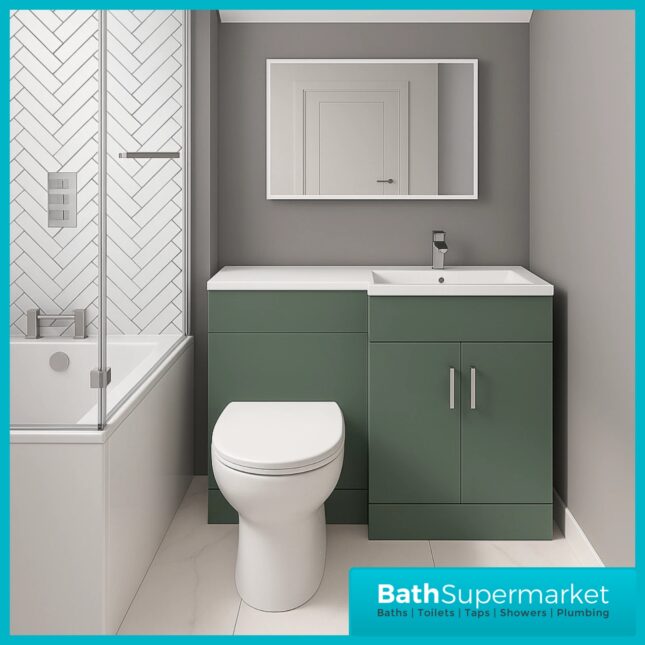 Modern L Series Satin Green Combination L Shape LH /RH Vanity Unit Furniture Pack – 1070mm