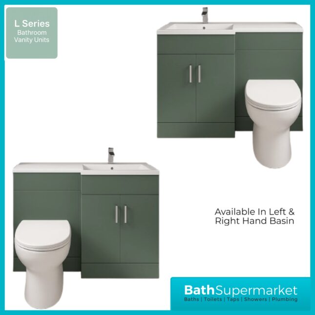 Modern L Series Satin Green Combination L Shape LH /RH Vanity Unit Furniture Pack – 1070mm