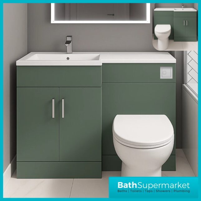 Modern L Series Satin Green Combination L Shape LH /RH Vanity Unit Furniture Pack – 1070mm