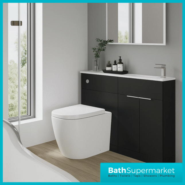Modern I Series Matt Black Slimline Combination i Shape Vanity Unit & Reversible Basin 1100mm