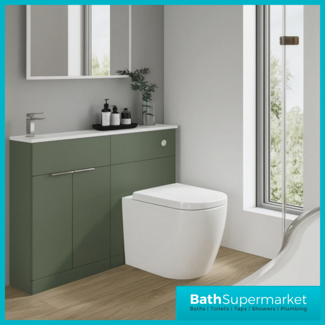 Modern I Series Satin Green Slimline Combination i Shape Vanity Unit & Reversible Basin 1100mm